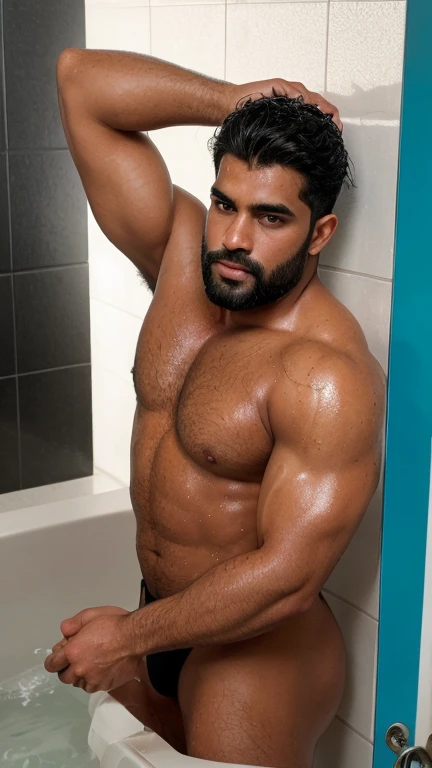 there is a handsome sexy huge body indian latino man hunk with wider huge hairy chest, big hairy arms, wide biceps, triceps, wrist, huge wide hairy legs, thighs, huge wide bulge that is bathing in the bathroom, water dripping off him, webcam footage, ymmm and that smell, shot on webcam, smooth blue skin, the extremely hot and sexy, carnal ) wet, dripping black goo, sweaty. steam in air, webcam, highly realistic. live cam, seduction, erotic, , water dripping on bodyand underwear, wetty underwear, playing hard with his bulge, seductive pornography, realistic, transparent wetty underwear with big fatty dick and testicles, big balls, hunk getting blowjob from men, hunk slitly pulled down underwear showing big fatty huge dick, full body from above view, rubbed bulge