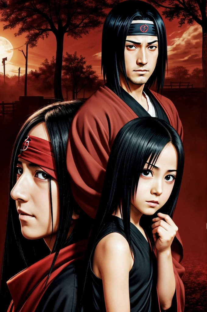 Image of Itachi Uchiha as an innocent , in the background his evil adult version trying to possess him