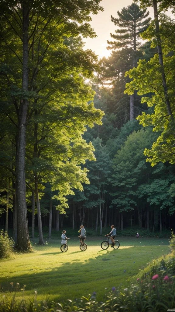 "A beautiful park at dusk, with trails surrounded by tall trees and wildflowers. Families having picnics, people riding bicycles and children playing. the sun setting, creating a golden light that pierces the treetops, highlighting the lush nature and the feeling of peace and relaxation."