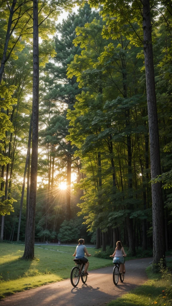 "A beautiful park at dusk, with trails surrounded by tall trees and wildflowers. Families having picnics, people riding bicycles and children playing. the sun setting, creating a golden light that pierces the treetops, highlighting the lush nature and the feeling of peace and relaxation."