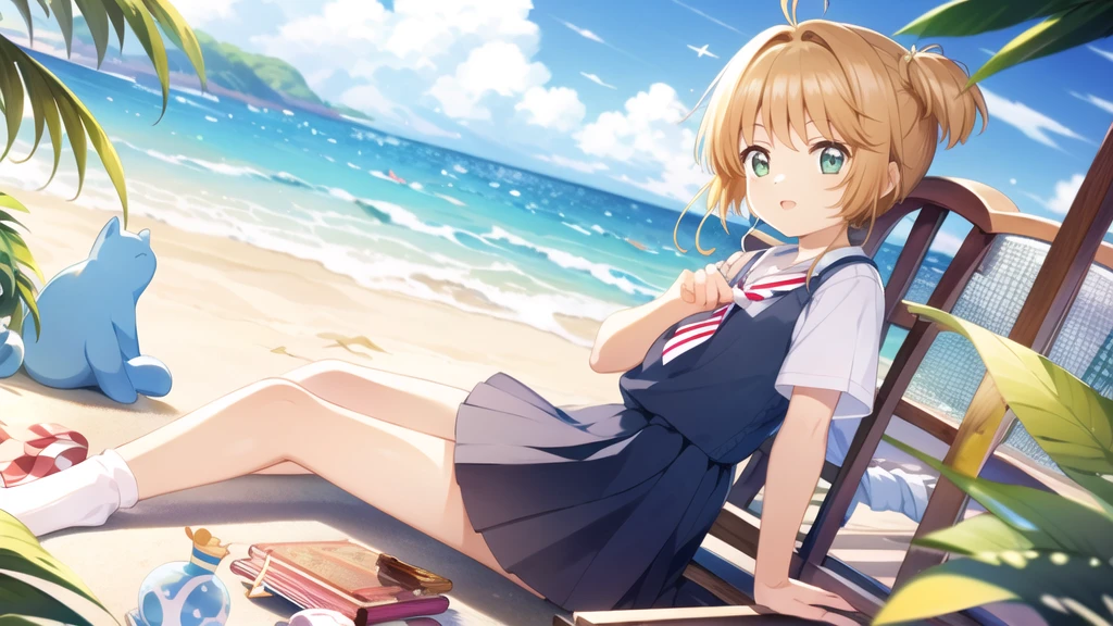 masterpiece, Highest quality, wallpaper, One girl, alone,summer服を着た, socks, Both sides up, summer、Seaside