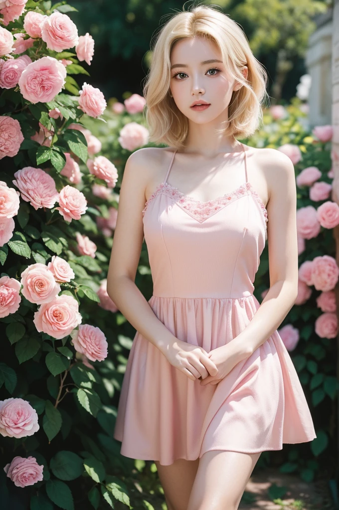 8K, raw photo, Fujifilm, Stylized photo of a beautiful young woman named Avril in a garden of bright pink roses (highly detailed skin: 1.2) Style - Petal Break short hair, blonde hair with colored locks, wearing a dress, film granulation, 35mm, cute style