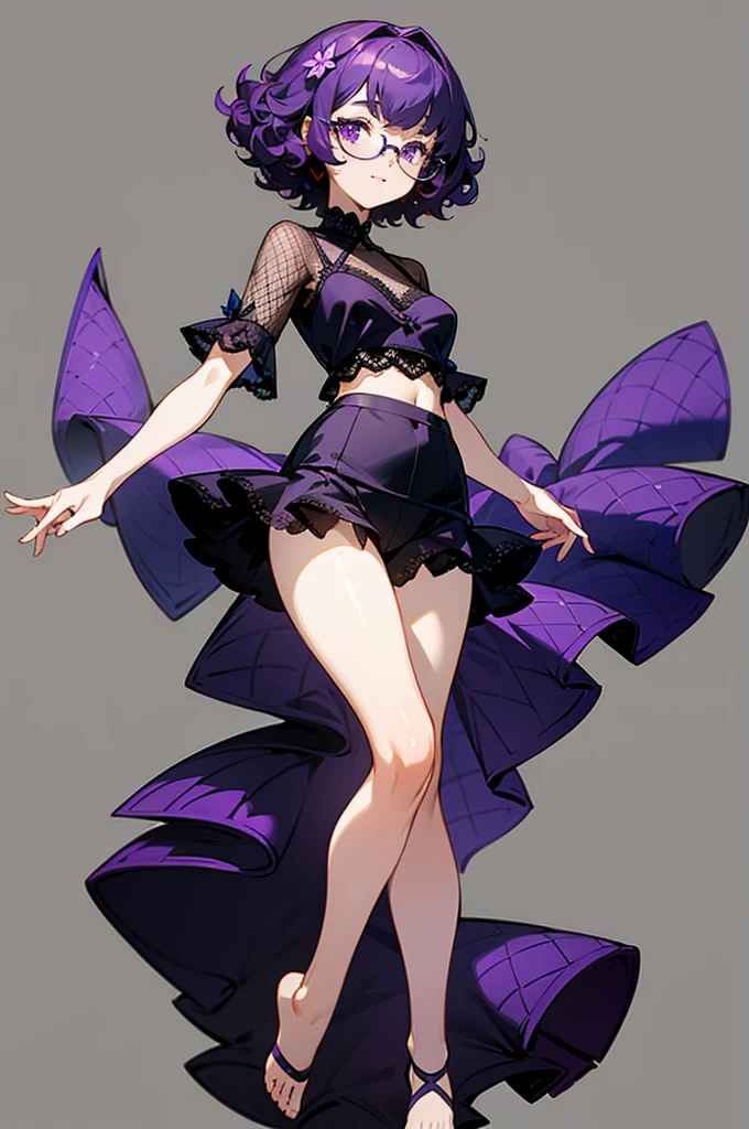 one girl, short very curly purple hair with dark purple strand, glasses, two-piece black color lace flower theme swim outfit, simple detaled, lovable, no background, dynamic pose,, full body ,detaled feet,short blouse with fishnet, flowers