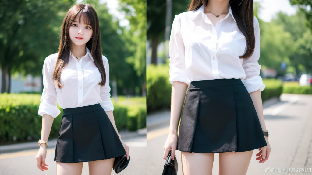 Full body photo of a beautiful girl, Russian girl, pretty girl, Good looking girl, 20-year-old, high school girl, Wear a white shirt,  Open shirt,Untucked white shirt, ((Black Mini Skirt)), wear the watch, Super detailed.