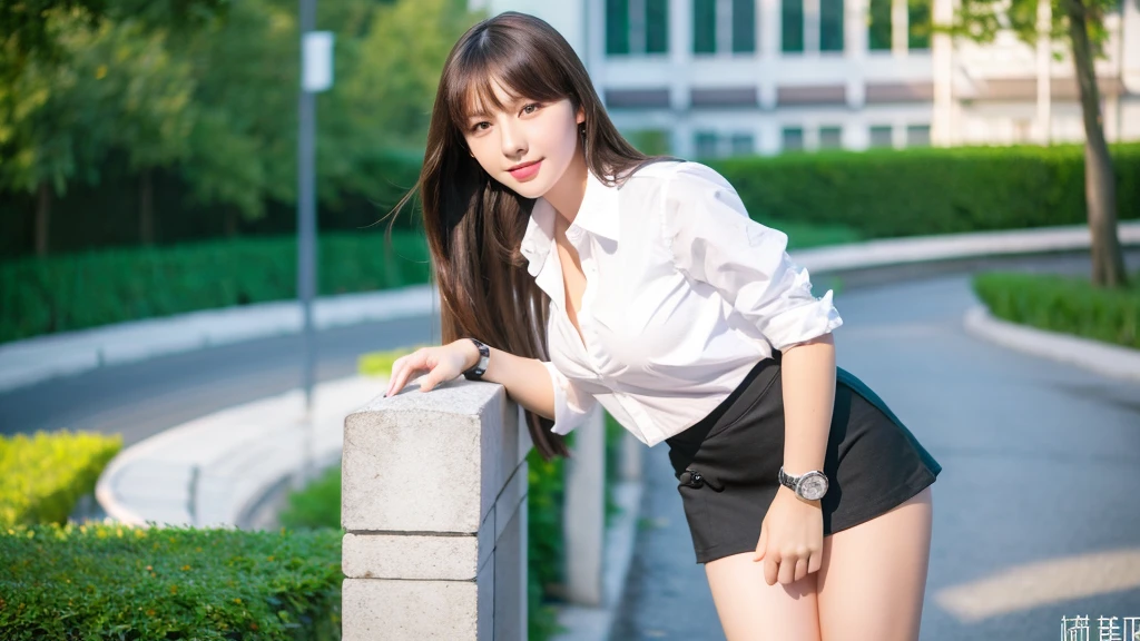 Full body photo of a beautiful girl, Russian girl, pretty girl, Good looking girl, 20-year-old, high school girl, Wear a white shirt, Open shirt,Untucked white shirt, ((Black Mini Skirt)), wear the watch, Super detailed.