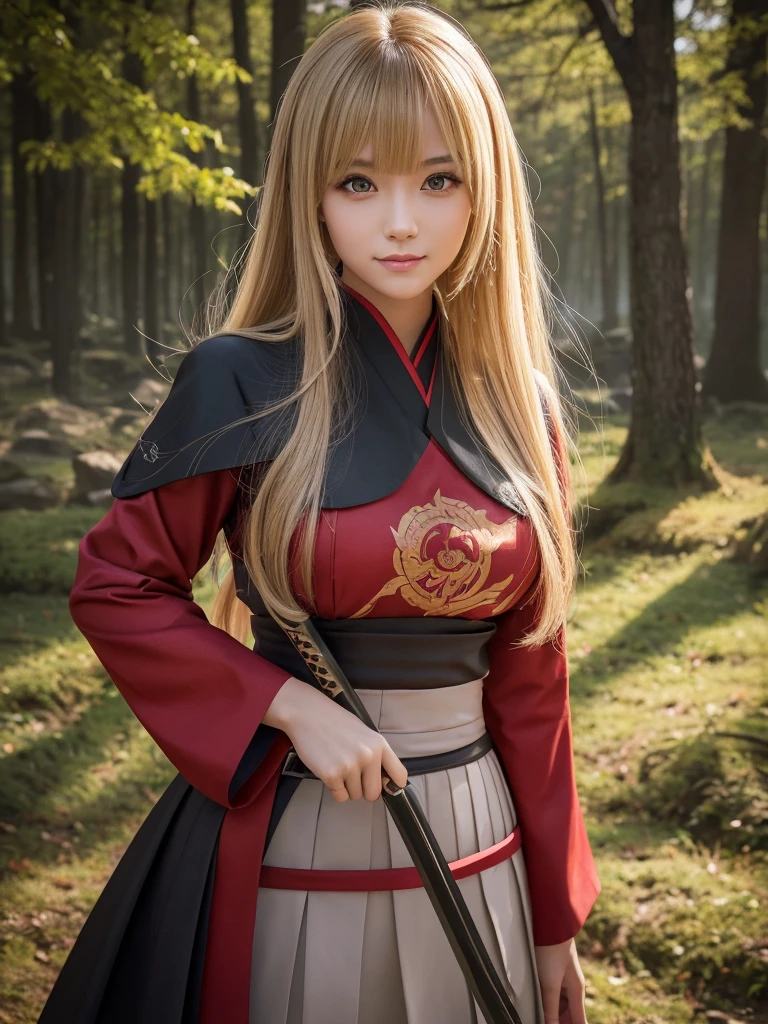 A beautiful young woman with short light brown-blonde hair and a mix of blonde and brown eyes, wearing the standard Demon Slayer Corps uniform. She has a red haori with a pattern on it, and a large plus-shaped scar in the middle of her forehead, with bangs covering it. She has an elegant and kind expression, embodying the Demon Slayer art style. The woman is standing in a peaceful, daytime forest, holding a katana sword. She shines like a diamond, radiating an ethereal beauty. (best quality,4k,8k,highres,masterpiece:1.2),ultra-detailed,(realistic,photorealistic,photo-realistic:1.37),1girl,beautiful detailed eyes,beautiful detailed lips,extremely detailed eyes and face,longeyelashes,demon slayer uniform,red haori,plus-shaped scar,forest,katana sword,elegant,kind,demon slayer art style,shining,diamond-like,anime,demon slayer art style,smile
