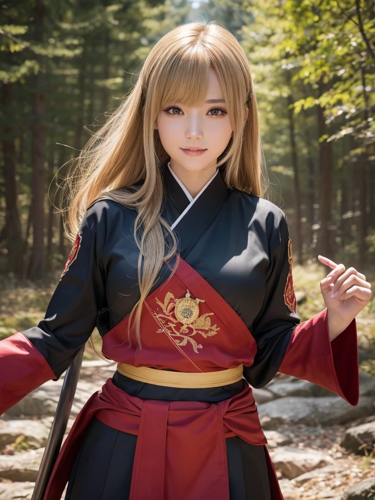 A beautiful young woman with short light brown-blonde hair and a mix of blonde and brown eyes, wearing the standard Demon Slayer Corps uniform. She has a red haori with a pattern on it, and a large plus-shaped scar in the middle of her forehead, with bangs covering it. She has an elegant and kind expression, embodying the Demon Slayer art style. The woman is standing in a peaceful, daytime forest, holding a katana sword. She shines like a diamond, radiating an ethereal beauty. (best quality,4k,8k,highres,masterpiece:1.2),ultra-detailed,(realistic,photorealistic,photo-realistic:1.37),1girl,beautiful detailed eyes,beautiful detailed lips,extremely detailed eyes and face,longeyelashes,demon slayer uniform,red haori,plus-shaped scar,forest,katana sword,elegant,kind,demon slayer art style,shining,diamond-like,anime,demon slayer art style,smile