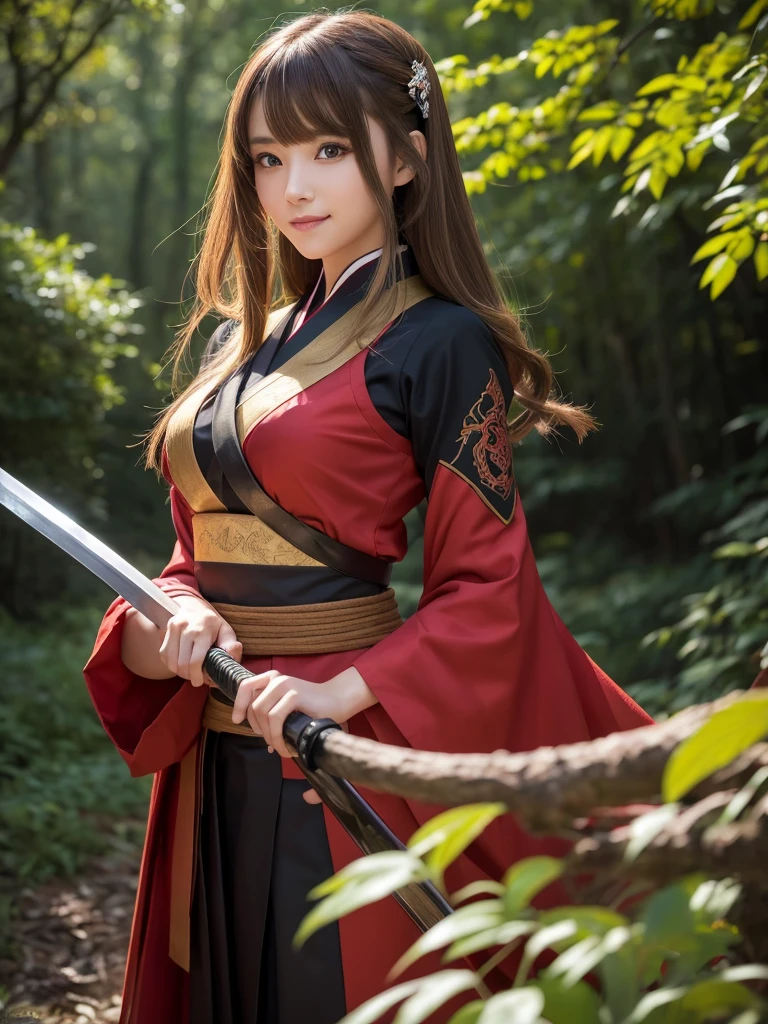 A beautiful young woman with short light brown-blonde hair and a mix of blonde and brown eyes, wearing the standard Demon Slayer Corps uniform. She has a red haori with a pattern on it, and a large plus-shaped scar in the middle of her forehead, with bangs covering it. She has an elegant and kind expression, embodying the Demon Slayer art style. The woman is standing in a peaceful, daytime forest, holding a katana sword. She shines like a diamond, radiating an ethereal beauty. (best quality,4k,8k,highres,masterpiece:1.2),ultra-detailed,(realistic,photorealistic,photo-realistic:1.37),1girl,beautiful detailed eyes,beautiful detailed lips,extremely detailed eyes and face,longeyelashes,demon slayer uniform,red haori,plus-shaped scar,forest,katana sword,elegant,kind,demon slayer art style,shining,diamond-like,anime,demon slayer art style,smile