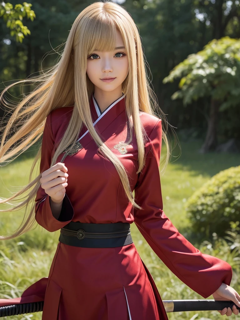 A beautiful young woman with short light brown-blonde hair and a mix of blonde and brown eyes, wearing the standard Demon Slayer Corps uniform. She has a red haori with a pattern on it, and a large plus-shaped scar in the middle of her forehead, with bangs covering it. She has an elegant and kind expression, embodying the Demon Slayer art style. The woman is standing in a peaceful, daytime forest, holding a katana sword. She shines like a diamond, radiating an ethereal beauty. (best quality,4k,8k,highres,masterpiece:1.2),ultra-detailed,(realistic,photorealistic,photo-realistic:1.37),1girl,beautiful detailed eyes,beautiful detailed lips,extremely detailed eyes and face,longeyelashes,demon slayer uniform,red haori,plus-shaped scar,forest,katana sword,elegant,kind,demon slayer art style,shining,diamond-like,anime,demon slayer art style,smile