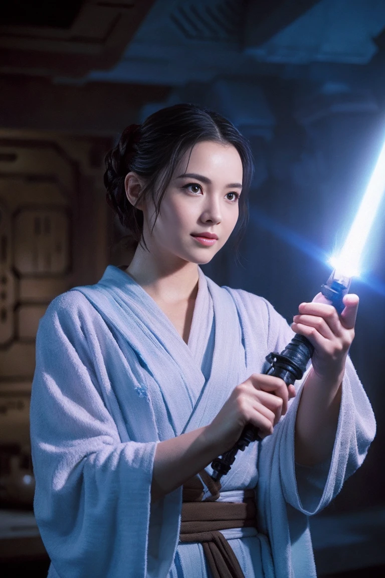 Star Wars, Jedi Master, woman, Beauty, Cute face, , Wearing a Jedi robe, Lightsaber in hand, The blade burns blue, Jedi Temple