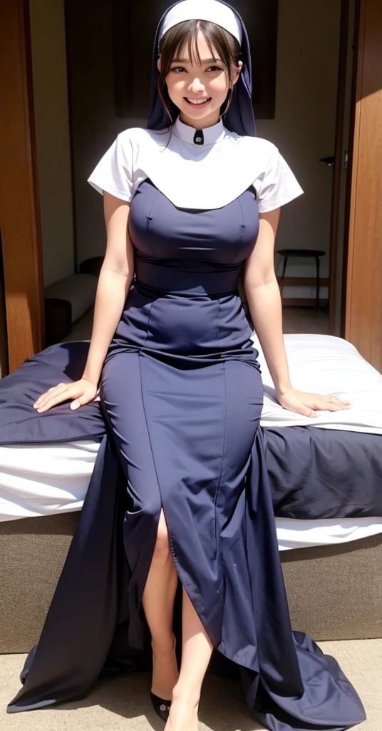 masterpiece, (Highest quality), Japanese、((nuns))、long skirt、wimple、(beautiful women)、bedroom、night、So big huge big、Gigantic Breasts、(One girl)、from front、light smile