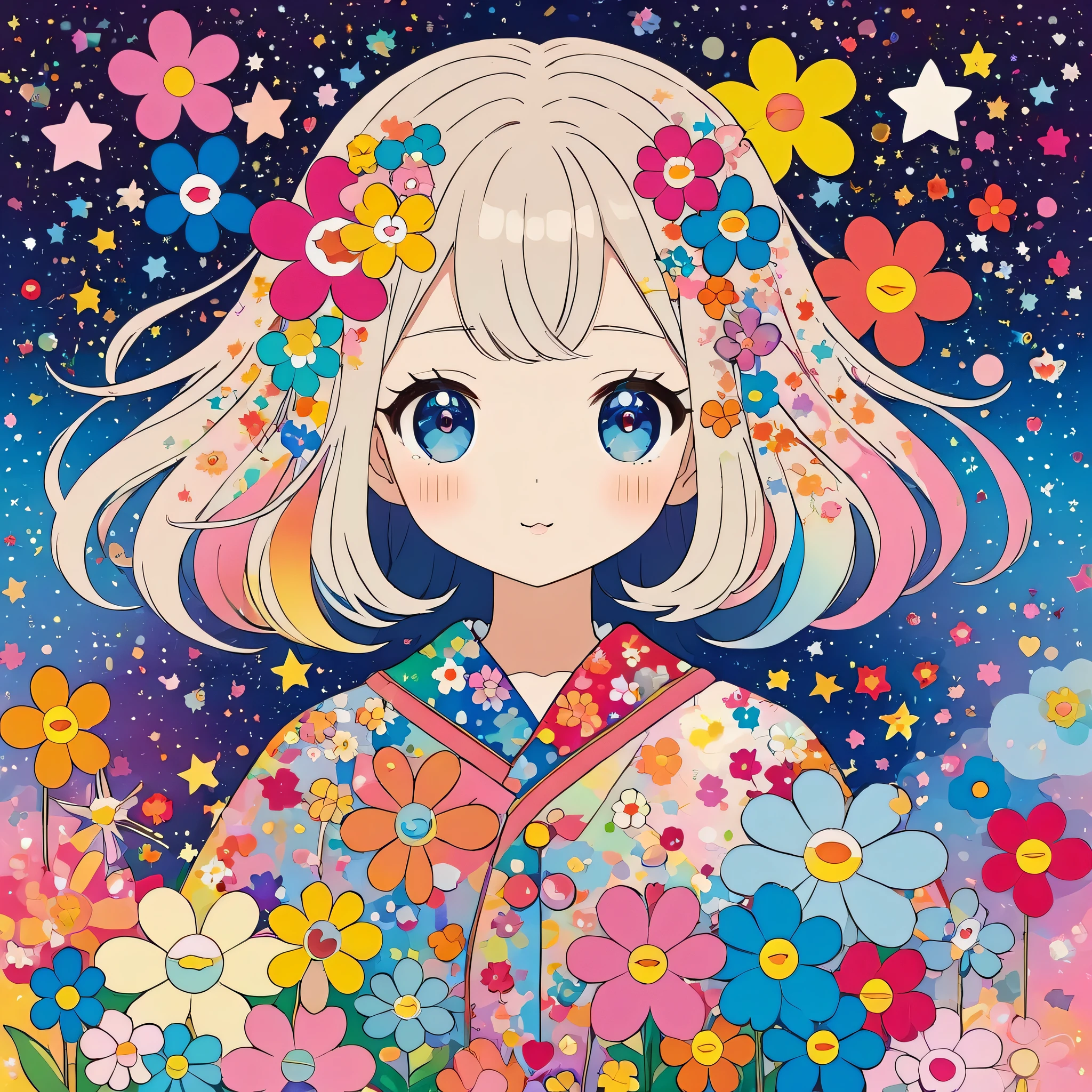 Takashi Murakami style, Simple Line Initialism,Abstract art,Kawaii Design, The most beautiful girl of all time, The background is star dust, colorful hearts, colorful flowers,