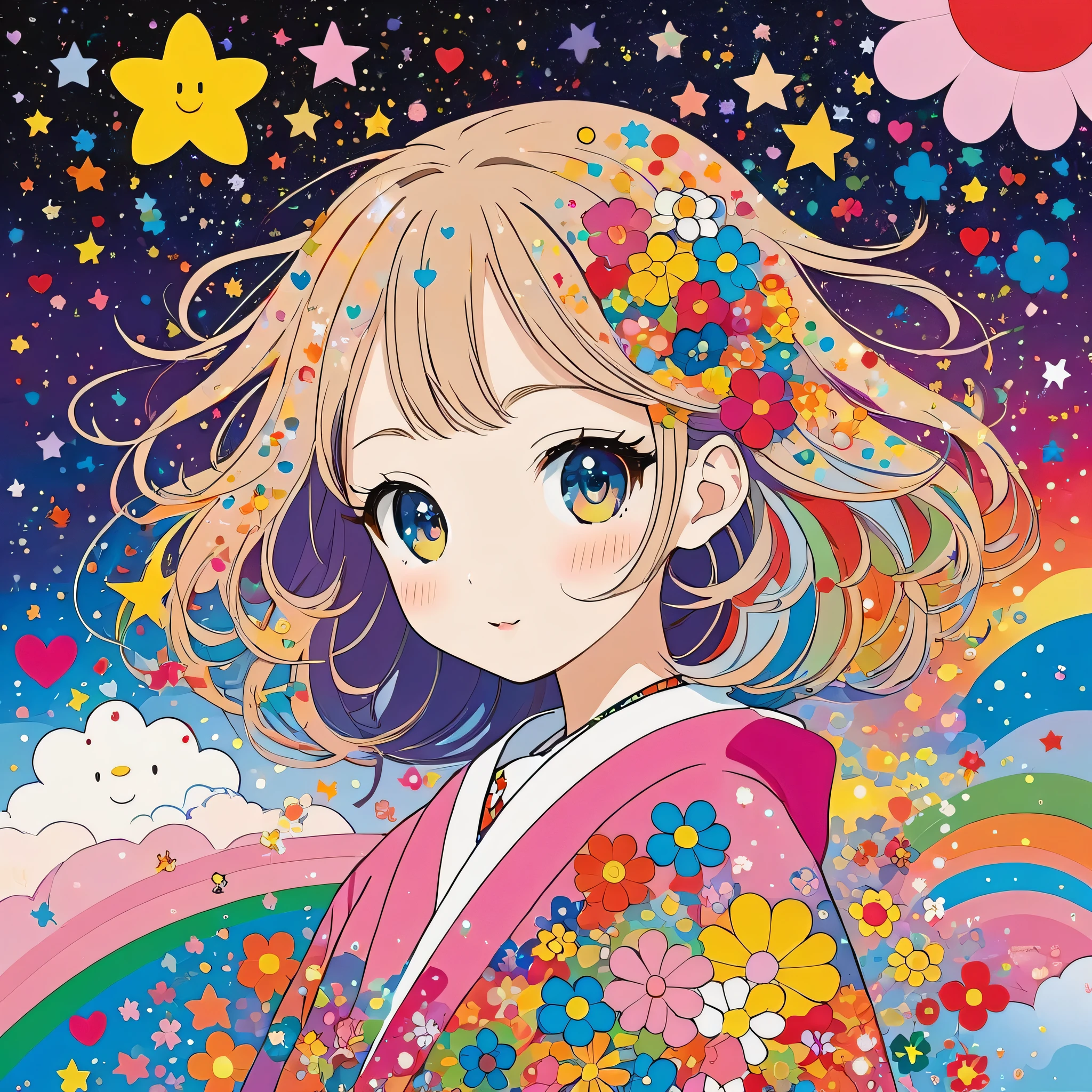 Takashi Murakami style, Simple Line Initialism，Abstract art，Kawaii Design, The most beautiful girl of all time, The background is star dust, colorful hearts, colorful flowers,