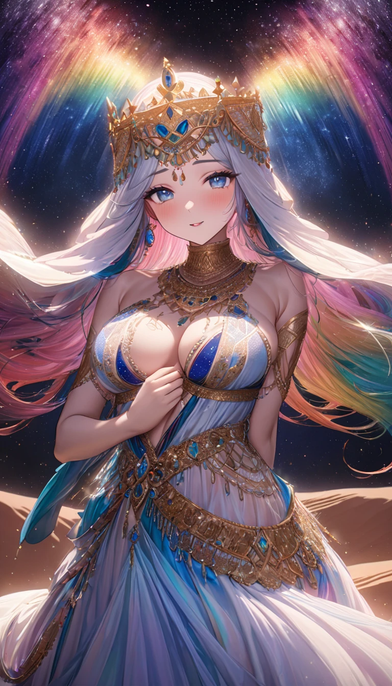 Highest quality, Highest quality, 16K, SFW, Unbelievably absurd, Very detailed, delicate and dynamic, Natural light, The particles reflect the colors of the rainbow, Diffuse reflection of light, Vortex of Light, There are many sandstorms, Beautiful desert, Colorful starry sky, Beautiful starry sky, milky way, shooting star, Moonlit Night, , Oasis City, Blue Palace, Blue tile wall, Create amazing image effects, upper body close-up, (Cute sexy girl, bouncing chests, Sensual expression, Passionate, Hilarious, Vibrant, Arab royalty, Arabian Princess, Arabian Long Dress, Gorgeous Dress,, Lavish décor, Dancing against the backdrop of a starry sky)