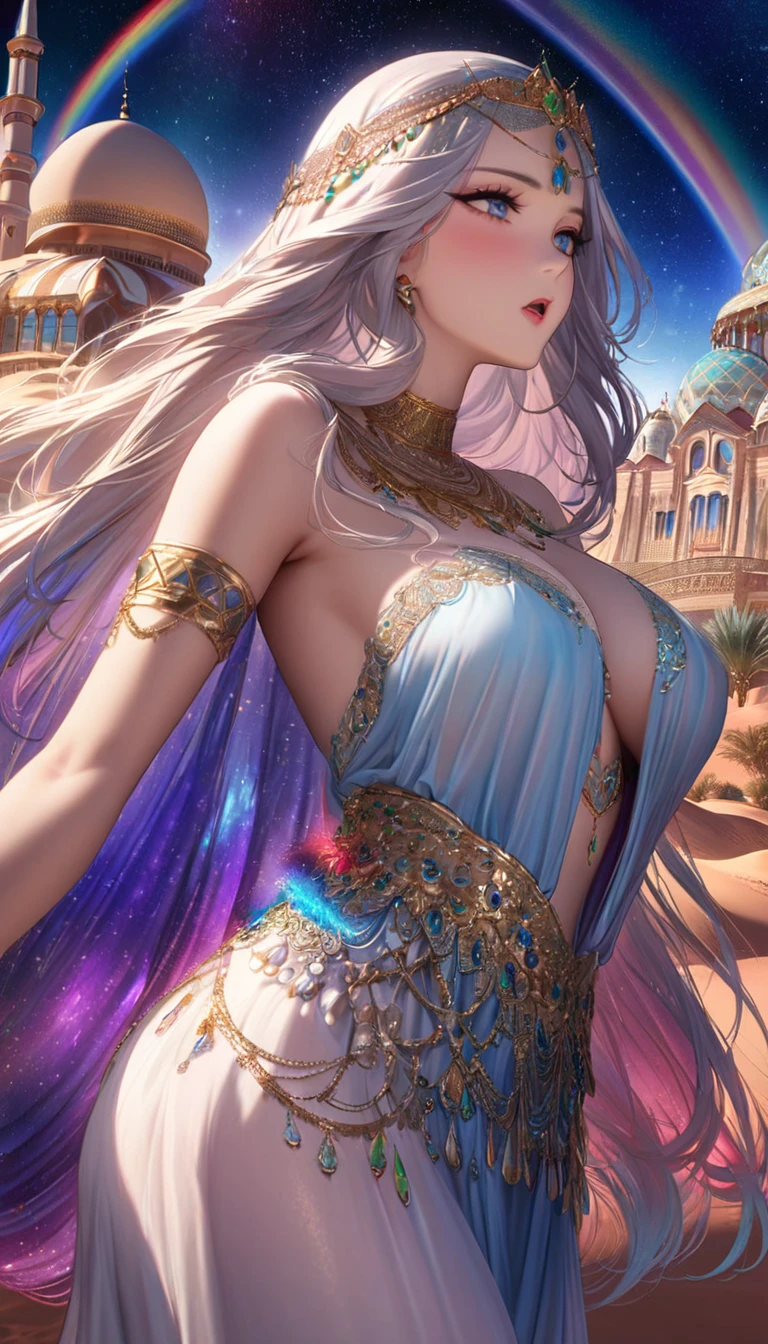 Highest quality, Highest quality, 16K, SFW, Unbelievably absurd, Very detailed, delicate and dynamic, Natural light, The particles reflect the colors of the rainbow, Diffuse reflection of light, Vortex of Light, There are many sandstorms, Beautiful desert, Colorful starry sky, Beautiful starry sky, milky way, shooting star, Moonlit Night, , Oasis City, Blue Palace, Blue tile wall, Create amazing image effects, upper body close-up, (Cute sexy girl, bouncing chests, Sensual expression, Passionate, Hilarious, Vibrant, Arab royalty, Arabian Princess, Arabian Long Dress, Gorgeous Dress,, Lavish décor, Dancing against the backdrop of a starry sky)