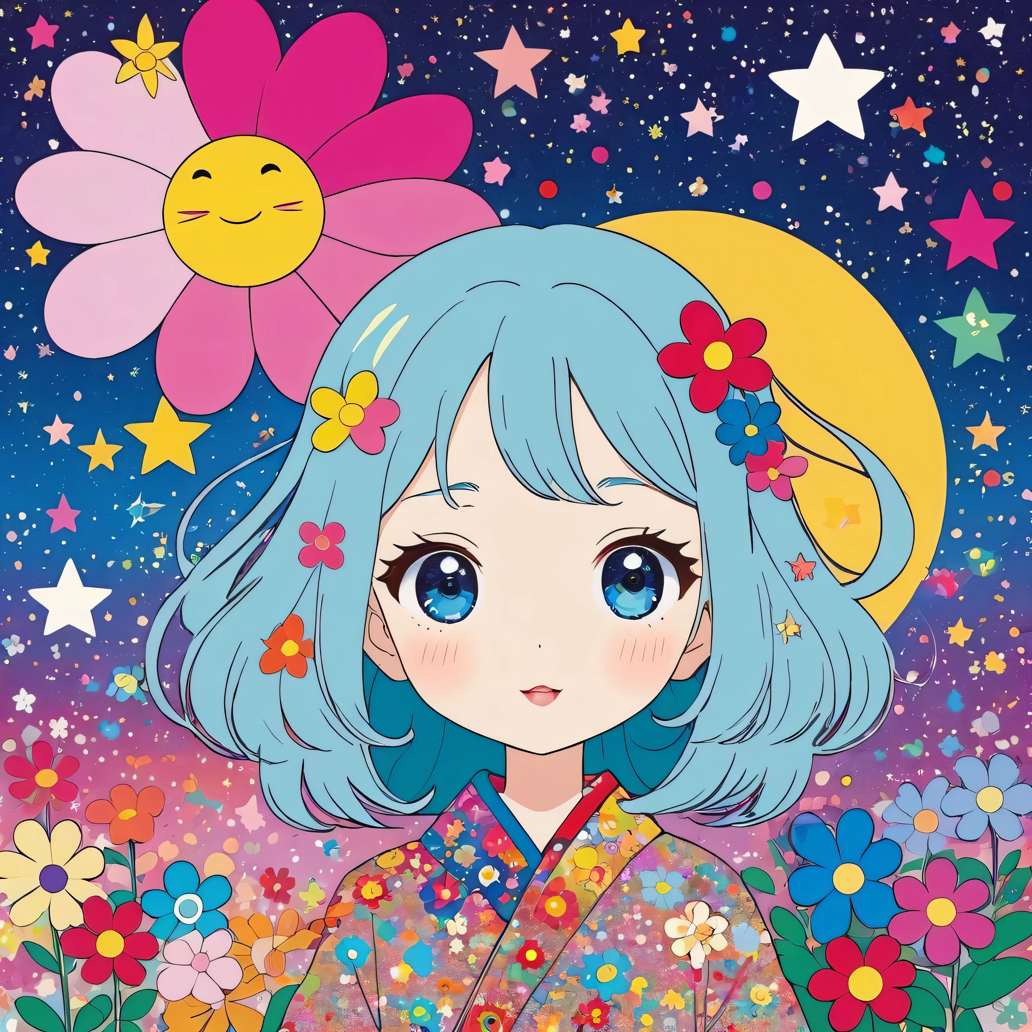 Takashi Murakami style, Simple Line Initialism,Abstract art,Kawaii Design, The most beautiful girl of all time, The background is star dust, colorful hearts, colorful flowers,