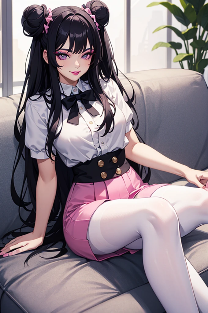 masterpiece, best quality, high quality, 4k, highres, anime, 1girl, 19 years old, purple eyes, colored lips, purple lips, pink eyeliner, makeup, long black hair with hair buns, pink bows on hair, smirk, white blouse, short sleeves, black pantyhose, on the sofa, sexy