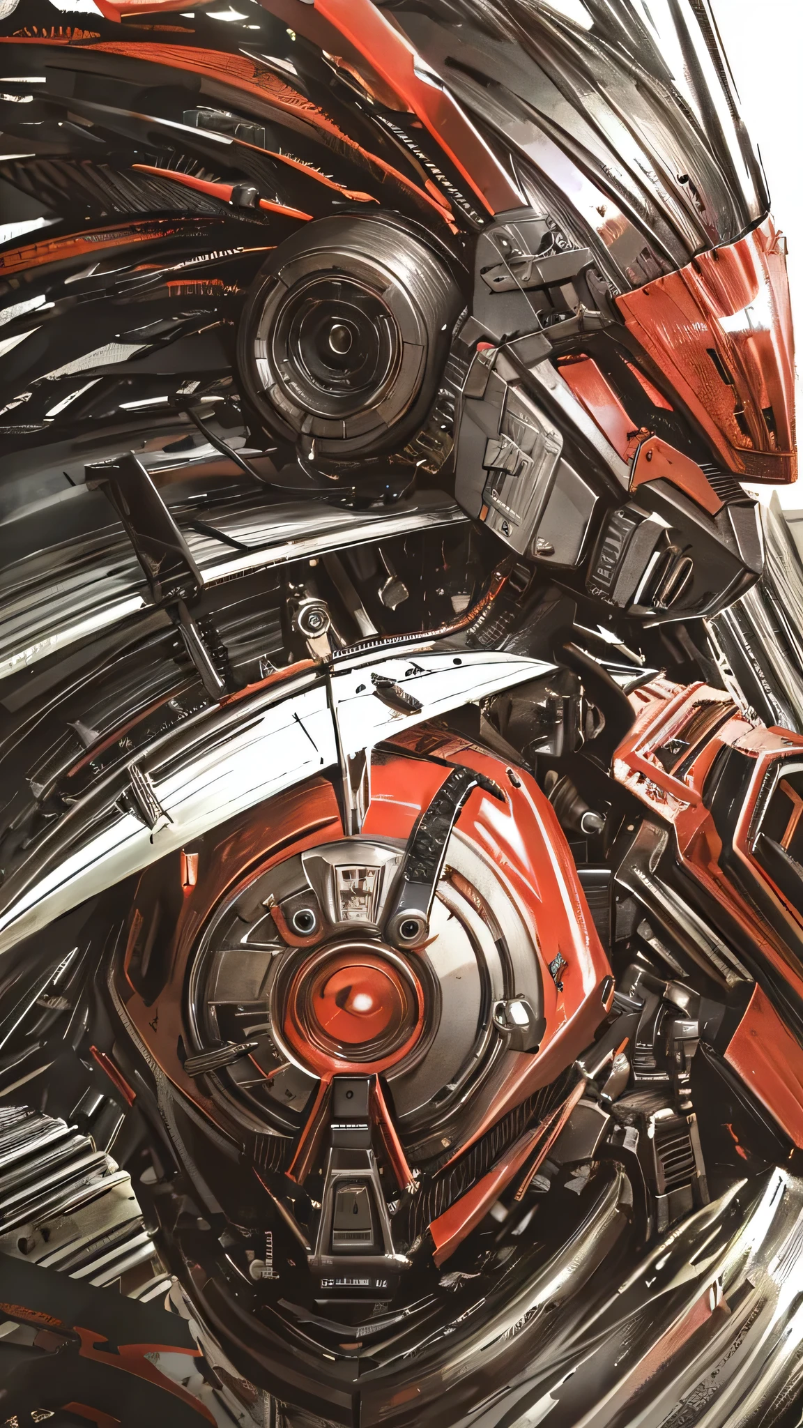 最high quality、Best image quality、masterpiece、Giant Mecha((humanoid、black body、Railgun、Bulletproof vest、Jetpack、Red visor、Run、Chainsaw,Covered in scars,gas mask、White Color))high quality、Beautiful art、background((City)),Tabletop、Exquisite design、Visual Arts、Written boundary depth、Best lighting、The finest details、8k