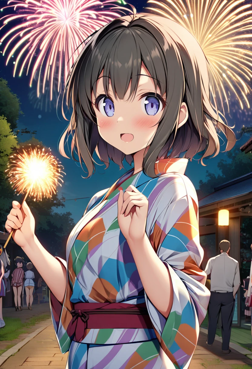 best quality, anime Seishun Buta Yarou series, character, Azusagawa Kaede, brown hair, colorful yukata, big fireworks