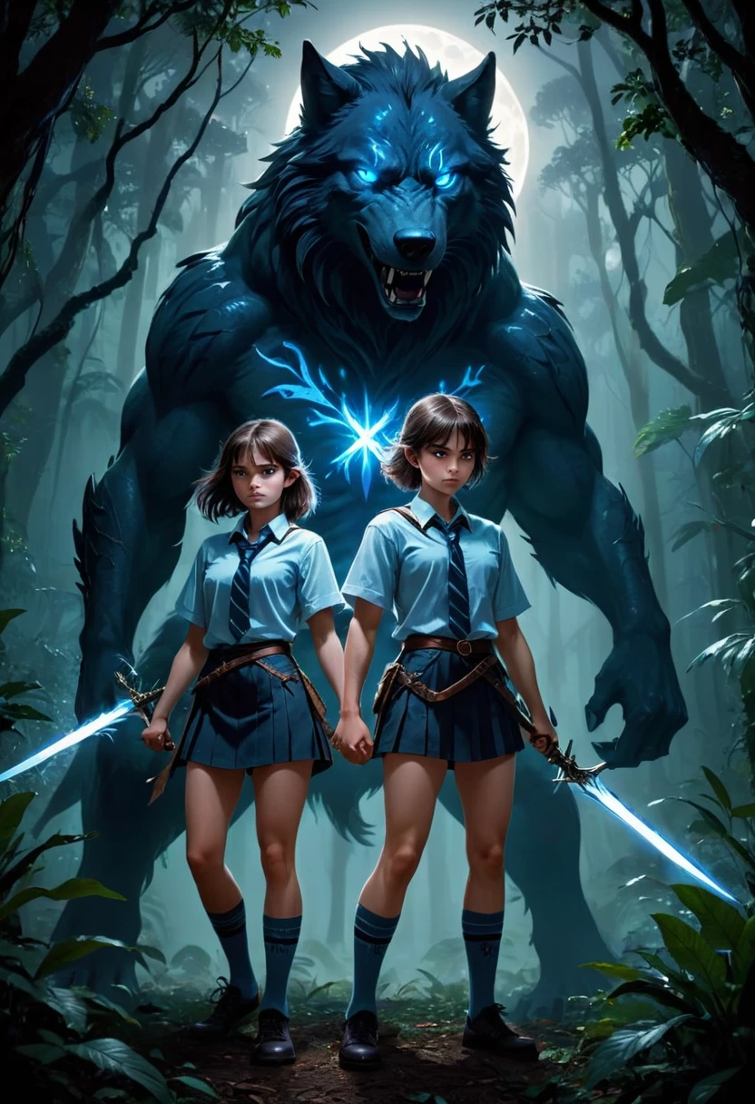 A dramatic, cinematic nighttime scene in a mysterious jungle, where a pair of 20-year-old twins, unexpectedly revealed as magical warriors, stand valiant and ready to face a pack of menacing wolf-like monsters. The twin brother, a charismatic hero, is dressed in his - a crisp half-sleeve shirt, a tie knotted neatly around his neck, and a pair of shorts with socks pulled up to his knees, an odd juxtaposition against the backdrop of the wild. His sister, equally fierce and nimble, wears a short-sleeved shirt and a mini skirt that allows for swift movement as she wields her magical red glowing bow, a quiver of arrows slung over her shoulder. The siblings' eyes are locked onto the snarling beasts that prowl around them, their gazes filled with determination and a hint of surprise. The brother, armed with a majestic blue glowing sword, holds it aloft, the blade casting eerie shadows and a comforting light in the surrounding darkness. The monsters, with fur bristling and eyes aglow with malicious intent, encircle the duo, their massive forms weaving in and out of the dense foliage. The air is thick with tension as the twins stand back to back, their trust in each other unshaken. The magical aura of their weapons illuminates the scene, creating an ethereal dance of light and shadow that pierces the inky blackness of the jungle night. The twins' school emblem, a symbol of knowledge and unity, gleams faintly on the brother's shirt, serving as a stark reminder of the world they left behind to embrace their extraordinary destinies. Despite the danger, there's a sense of unity and unyielding spirit between them, hinting at the deep bond that fuels their courage. The scene is framed with an overhanging canopy of leaves, the moon peeking through to cast a silvery glow on the battle about to unfold, as the twins prepare to unleash their arcane powers to protect their realm from the encroaching horrors of the night.