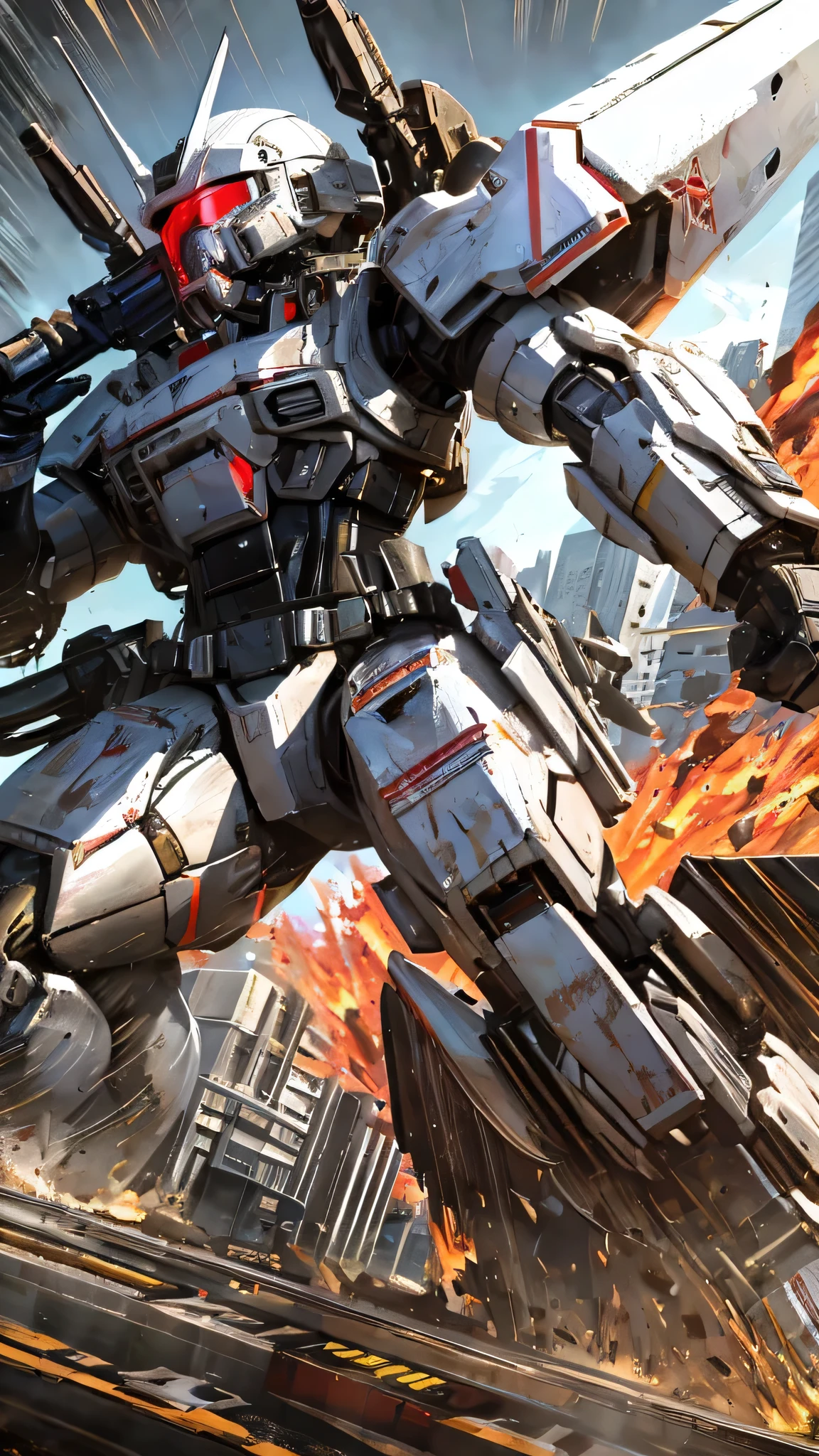 最high quality、Best image quality、masterpiece、Giant Mecha((humanoid、black body、Railgun、Bulletproof vest、Jetpack、Red visor、Run、Chainsaw,Covered in scars,gas mask、White Color)）high quality、Beautiful art、background((City)),Tabletop、Exquisite design、Visual Arts、Written boundary depth、Best lighting、The finest details、8ｋ