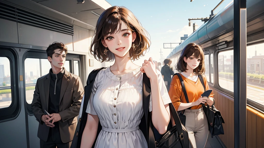 (perfect anatomy:1.2)(absurdres, highres, ultra detailed),masterpiece,best quality,high resolution,8K,Realistic face,Realistic skin texture,magnified textures, stunning clarity,detailed girl,(1 girl:1.2).(ultra detailed eyes and face),22 years old.(grey jacket,White blouse、Brown Hair、short cut:1.4、Natural Makeup、Women's Pants)、good feeling、laughing、、smilingly、 a train,morning、Sunny、Orange Tote Bag、、Looking at the sky、standing,she is a office worker