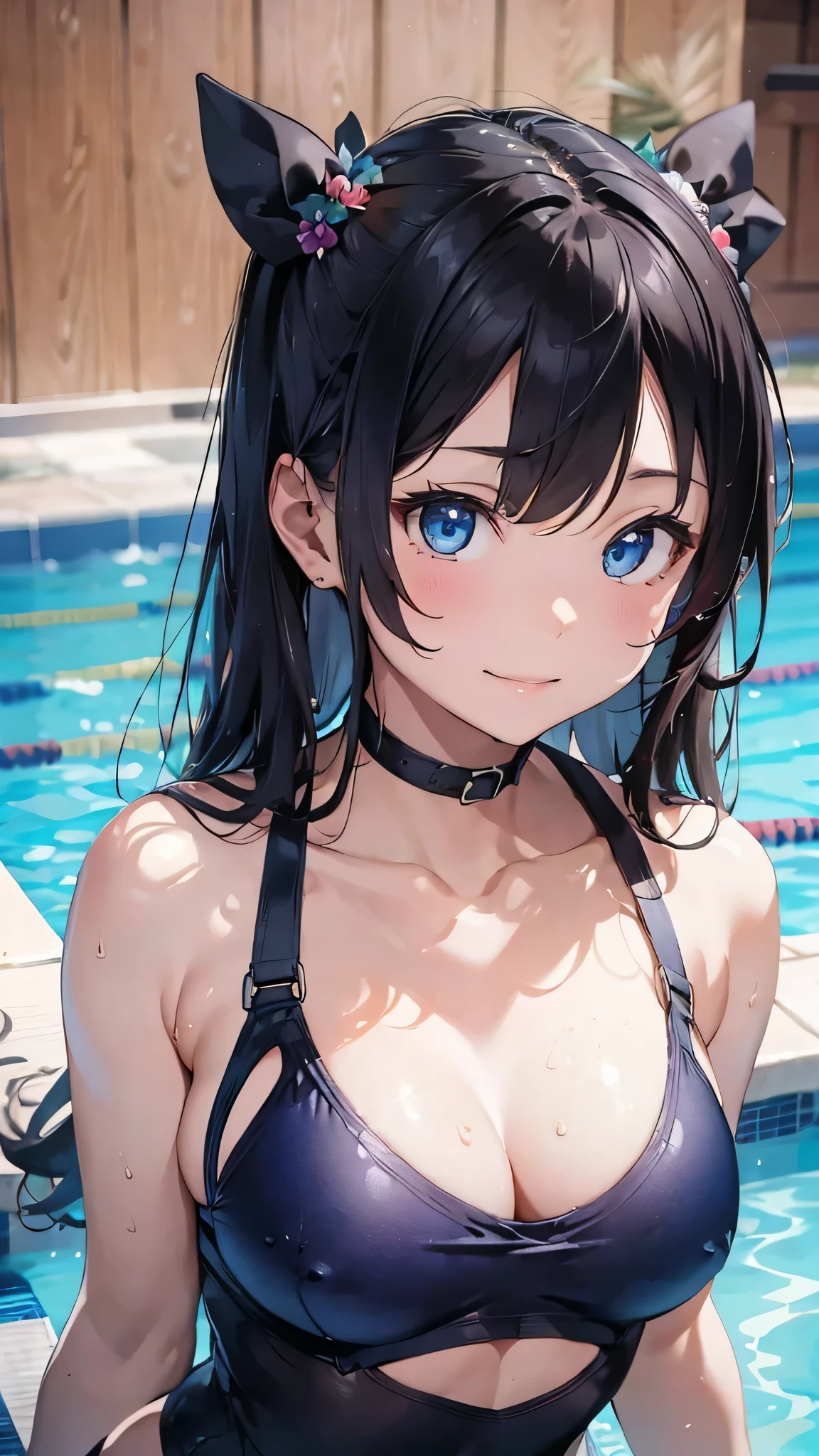 最high quality、Best image quality、masterpiece、With a girl((cute、、Best Bust、Medium Bust、Beautiful Blue Eyes、Spread your chest wide,Black Hair、Slender、The best valley、Blue school swimsuit,Show the whole body、Blue Mesh,swim,smile))high quality、Beautiful art、background((summertime、Pool facilities、A large number of people々)),Tabletop、Exquisite design、Visual Arts、Depth of written boundary、Best lighting、Highest detail、8k