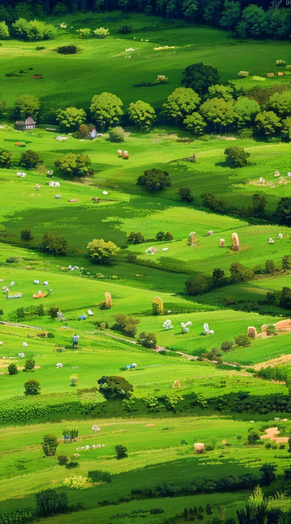 Stardew Valley style,pixilated, farms,cartoony, A large grid-shaped farmland,farms, steins, grassy,Verdure, wheat, the trees, critters, isometric 2 d game art, tmasterpiece, super detailing,genitals,Best quality at best