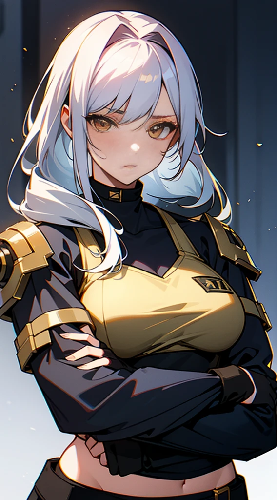 21-year old female mercenary white hair and gold eyes 