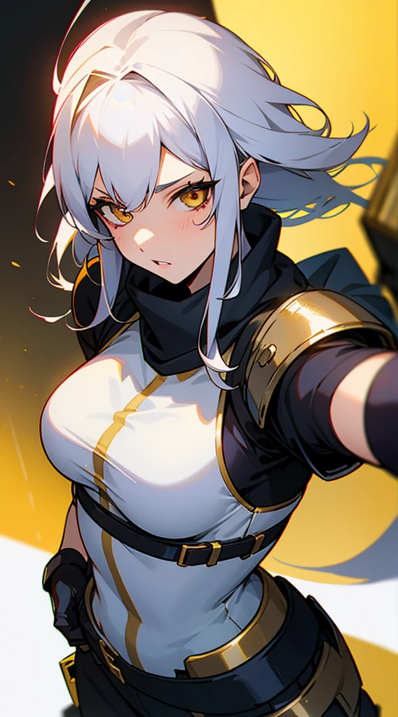 21-year old female mercenary white hair and gold eyes 