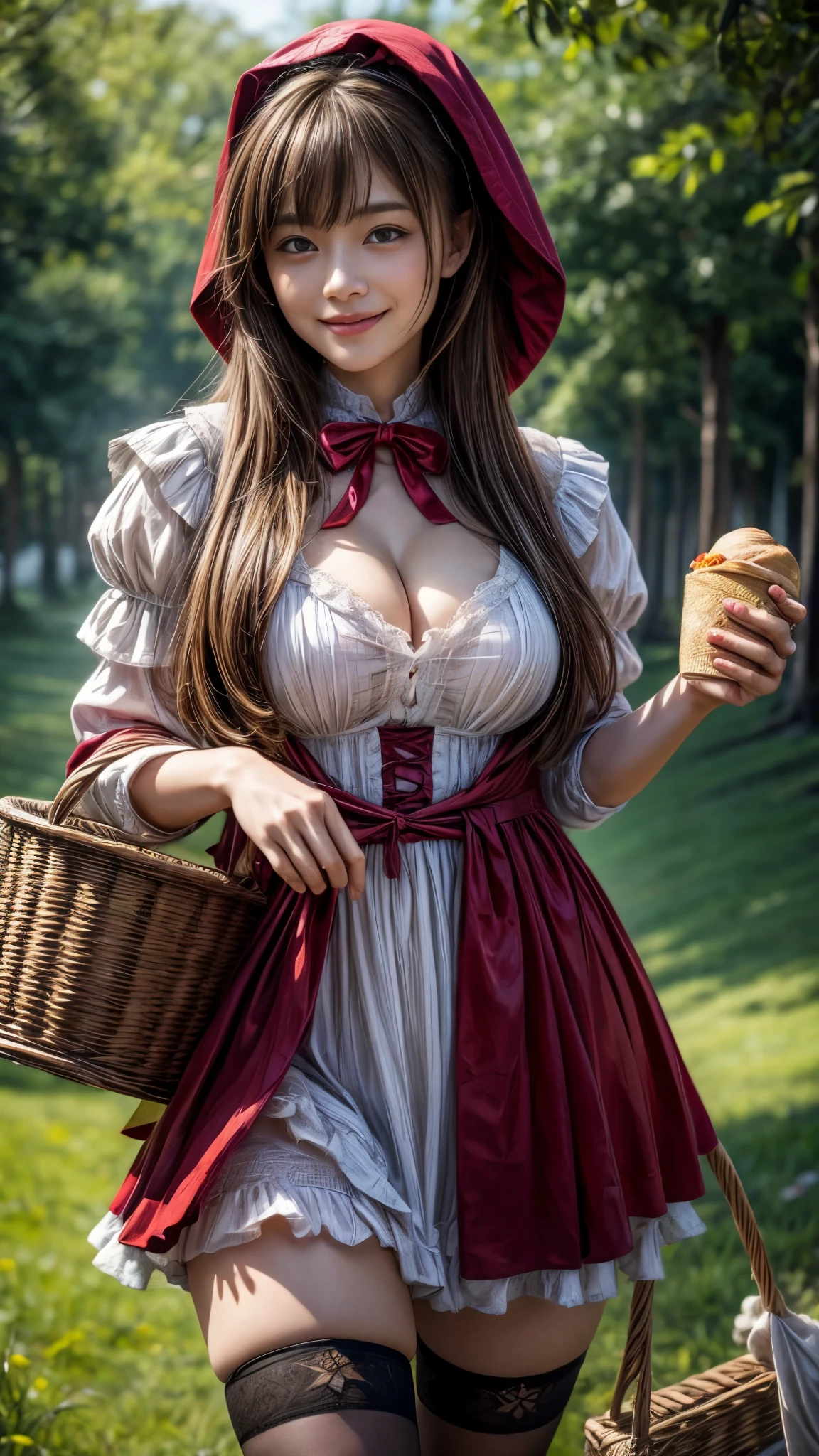 4K, Realistic,Very detailed,((Big Breasts))、18-year-old、((smile))、(Little Red Riding Hood)、(Medieval clothing)、(mini skirt)、Thigh-high stockings、(Carrying a basket of bread and wine)、grassland、((Delicate painting))，(Detailed RAW photos of girls), (Masterpiece:1.25), (Highest quality:1.6), (Ultra-high resolution:1.5), (Realistic:1.75), 8K resolution,:1.6),  Canon EOS R5, 50mm,Very detailedな,Cinema Lighting