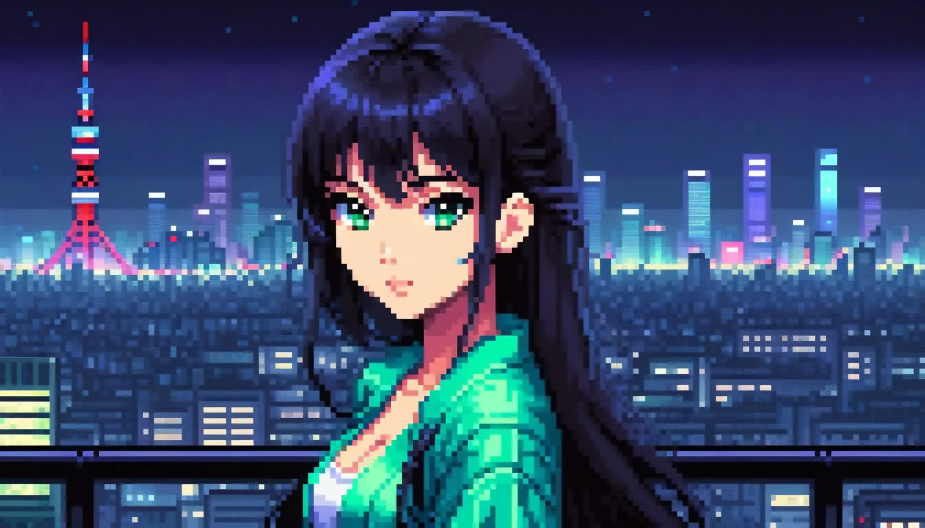 pixel, 16-bit Style, pixel art, Nintendo game scene, Cool colors, green,Tokyo at night in the background, Skyscraper, Skyline, Modern, Colorful lights, Tokyo Night, dark, A girl in the foreground, whole body, Woman with long black hair and bangs, dark eyes, depth of image 80Decade Style Clothes that reveal cleavage Cool look Turquoise clothes