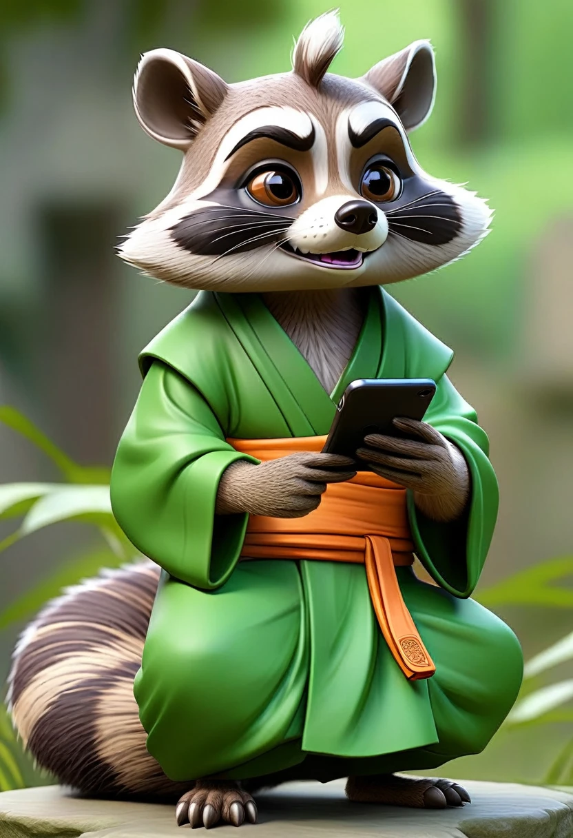 masterpiece, best quality, an anthropomorphic raccoon wearing a Buddhist monk robes, holding a smartphone, complete green background, drawn by pencil, digital art, art by Hiromu Arakawa, Osamu Tezuka, 8 k, beautiful drawing, highly detailed, concept art, sharp focus, ultra realistic illustration, anime++