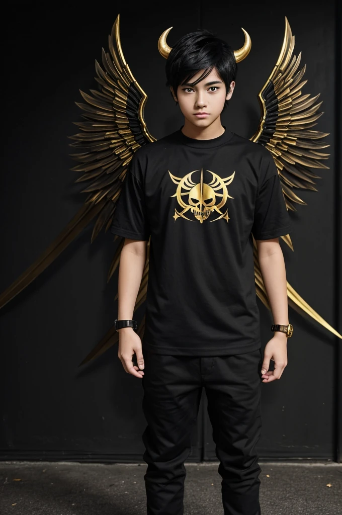 A teenage anime boy with fair skin and two-tone black and gold eyes with a star design in the middle, black hair and golden devil horns.
Full body photo
Half of its body is black and black smoke comes out of it, and its shadow has wings
Its clothes are long and all black with a golden skeleton shirt on it