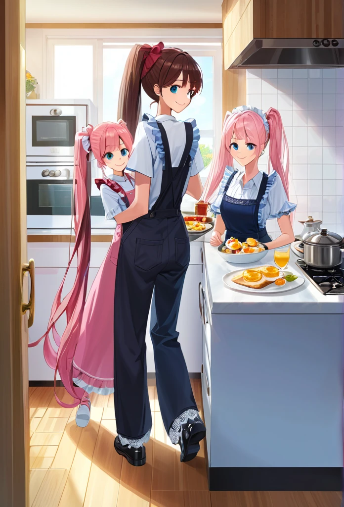 ((masterpiece))、((Highest quality)、(Very detailed)、8K、Delicate anime-style depictions.2 women。Prepare breakfast with your family,,(Very long hair、pink、black、Bright Blue Eyes、）(Twin tails and ponytails)Her dark eyes are highlighted。Overall it became brighter、Two smiling people。((The outfit is grey,Frills,Lace camisole and tap pants.))、,((Summer kitchen))、((wonderful.))、((whole body))、Two people cooking side by side、((Rear View))