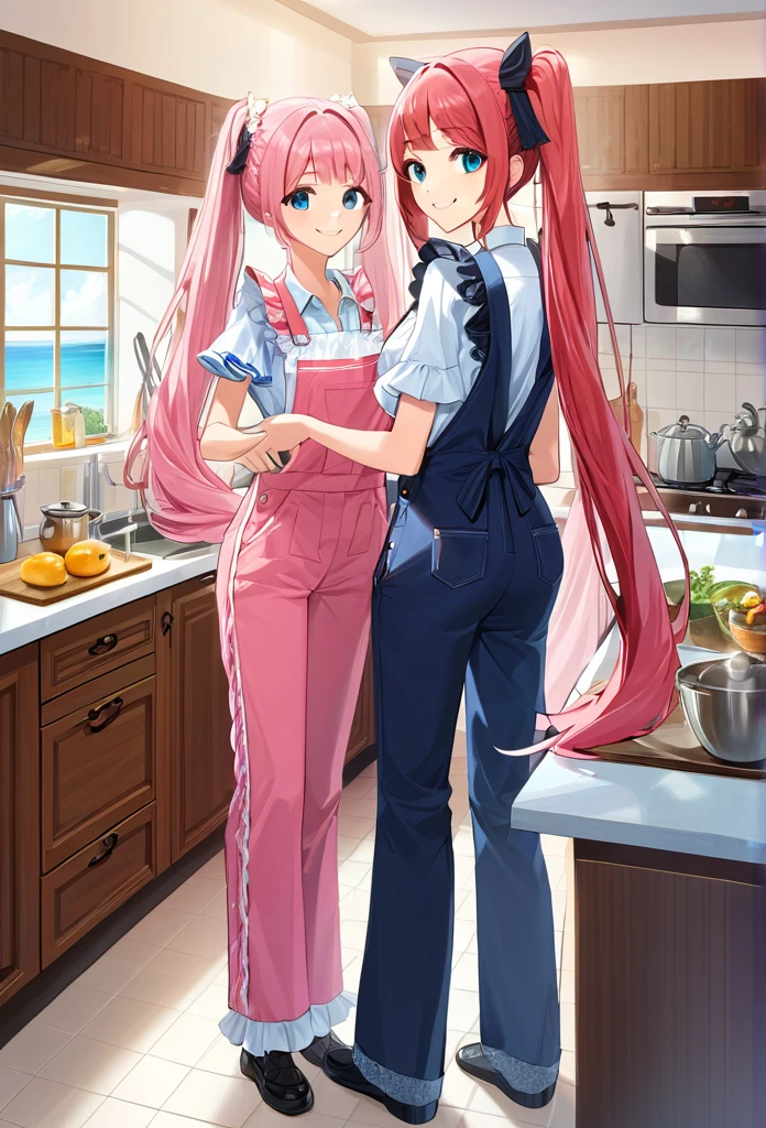 ((masterpiece))、((Highest quality)、(Very detailed)、8K、Delicate anime-style depictions.2 women。Prepare breakfast with your family,,(Very long hair、pink、black、Bright Blue Eyes、)(Twin tails and ponytails)Her dark eyes are highlighted。Overall it became brighter、Two smiling people。((The outfit is grey,Frills,Lace camisole and tap pants.))、,((Summer kitchen))、((wonderful.))、((whole body))、Two people cooking side by side、((Rear View))