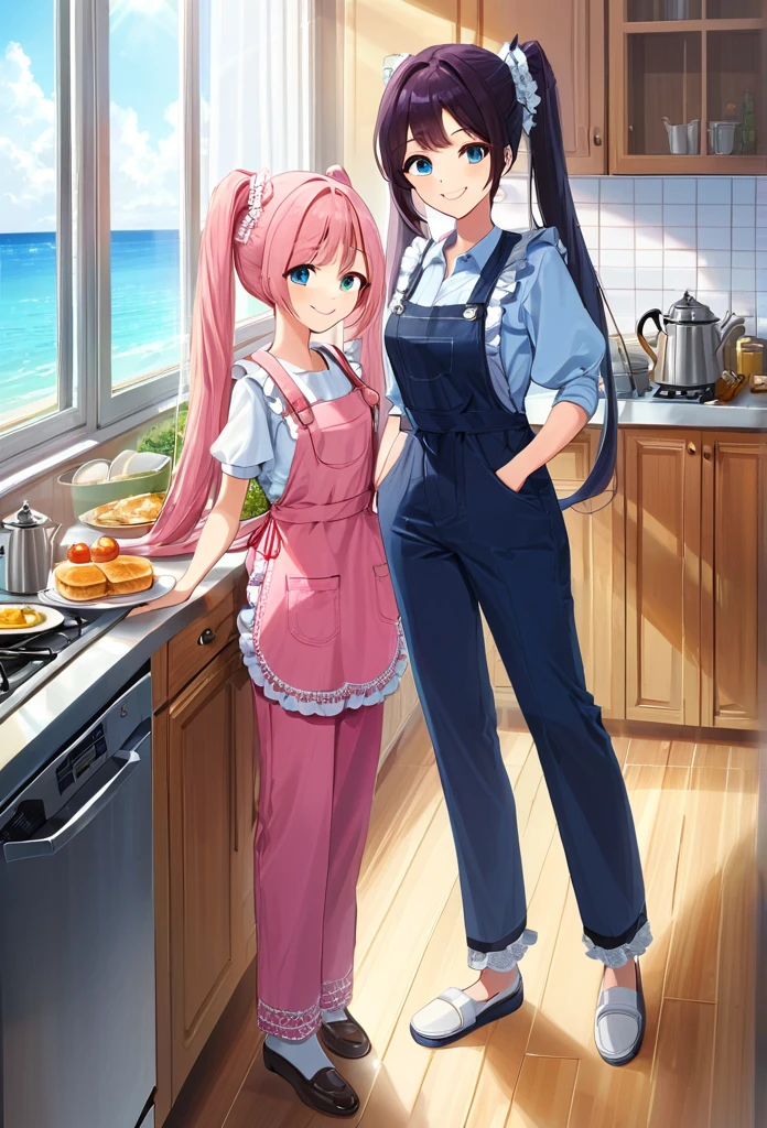 ((masterpiece))、((Highest quality)、(Very detailed)、8K、Delicate anime-style depictions.2 women。Prepare breakfast with your family,,(Very long hair、pink、black、Bright Blue Eyes、）(Twin tails and ponytails)Her dark eyes are highlighted。Overall it became brighter、Two smiling people。((The outfit is grey,Frills,Lace camisole and tap pants.))、,((Summer kitchen))、((wonderful.))、((whole body))、Two people cooking side by side、((Rear View))