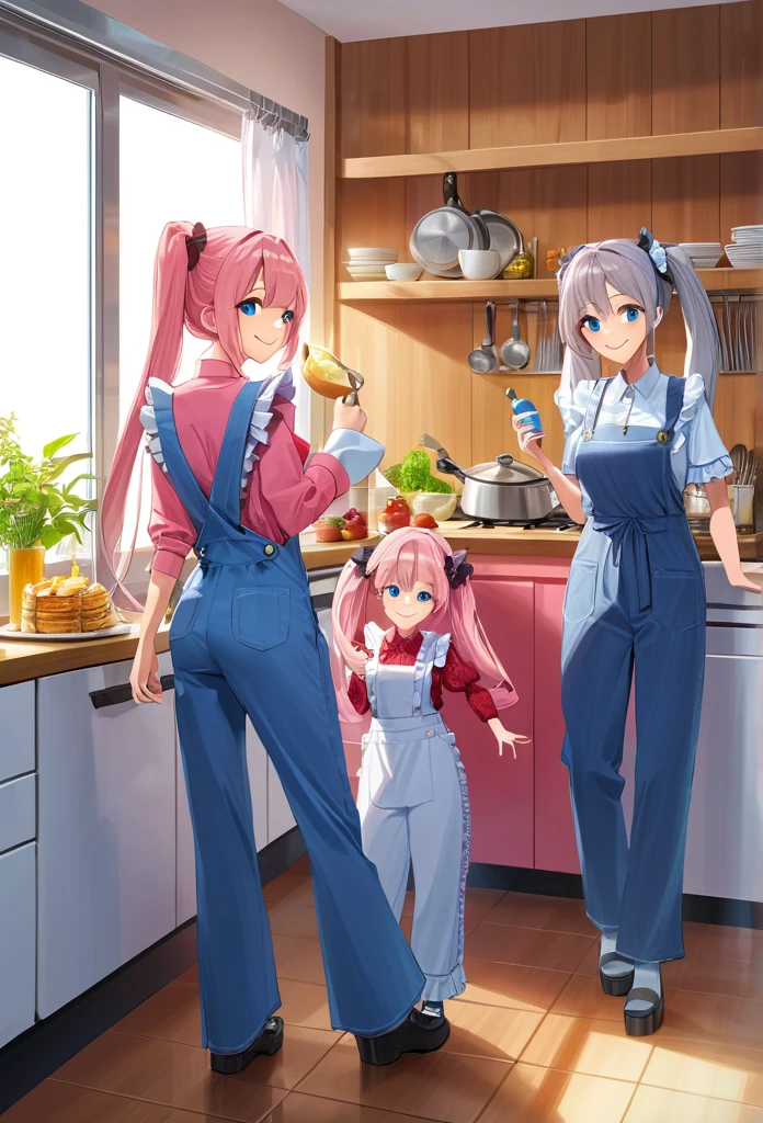 ((masterpiece))、((Highest quality)、(Very detailed)、8K、Delicate anime-style depictions.2 women。Prepare breakfast with your family,,(Very long hair、pink、black、Bright Blue Eyes、)(Twin tails and ponytails)Her dark eyes are highlighted。Overall it became brighter、Two smiling people。((The outfit is grey,Frills,Lace camisole and tap pants.))、,((Summer kitchen))、((wonderful.))、((whole body))、Two people cooking side by side、((Rear View))