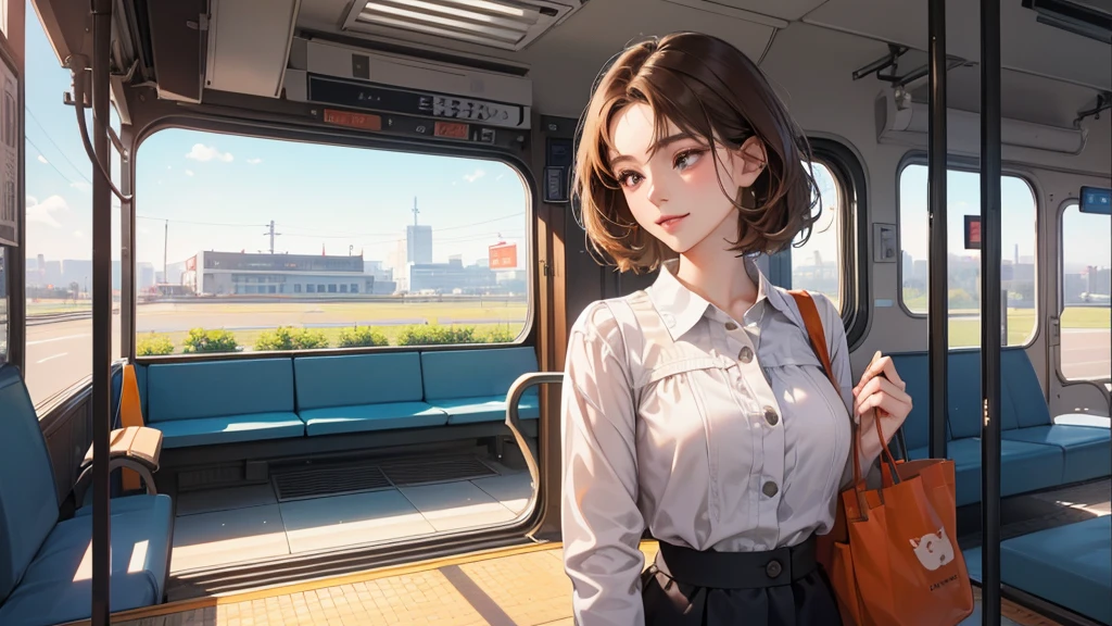(perfect anatomy:1.2)(absurdres, highres, ultra detailed),masterpiece,best quality,high resolution,8K,Realistic face,Realistic skin texture,magnified textures, stunning clarity,detailed girl,(1 girl:1.2).(ultra detailed eyes and face),22 years old.(grey jacket,White blouse、Brown Hair、Shortcuts:1.4、Natural Makeup、Women's Pants)、good feeling、laughing、、smilingly、 a train,morning、Sunny、Orange Tote Bag、、Looking at the sky、standing,she is a office worker