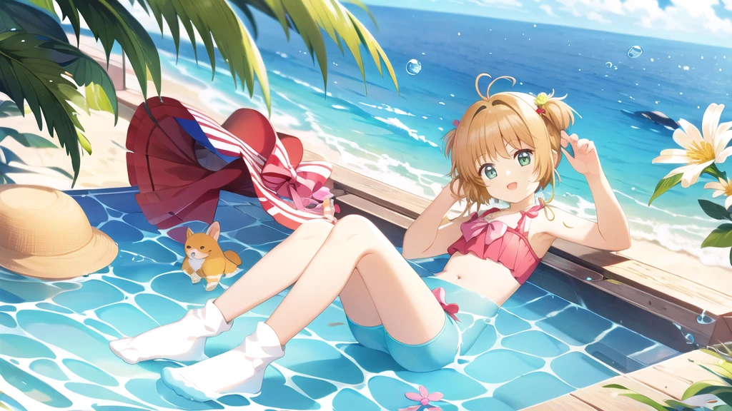 masterpiece, Highest quality, wallpaper, One girl, alone,Swimwear, socks, Both sides up, summer、Seaside
