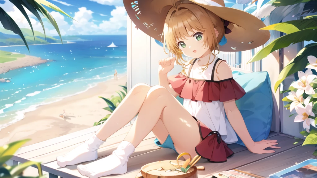 masterpiece, Highest quality, wallpaper, One girl, alone,Swimwear, socks, Both sides up, summer、Seaside