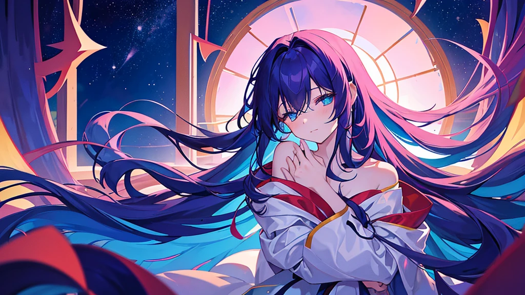 In the silent immensity of space, a young girl floats peacefully, asleep. Her hair, a vibrant cascade of red and blue, floats around her face like cosmic flames, slowly undulating in weightlessness. Her face is relaxed, full of serenity, while distant stars twinkle gently through the large window pane next to her. The infinite darkness of the universe contrasts with the vibrant colors of her hair, creating a scene that is both mysterious and enchanting. She seems to be in perfect harmony with the infinity that surrounds her, a dreamlike being lost in the eternal embrace of space.sleeping