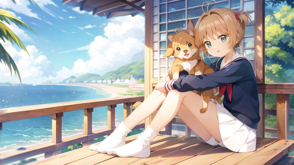 masterpiece, Highest quality, wallpaper,  One girl, alone,summer服を着た, socks, Both sides up, summer、Seaside