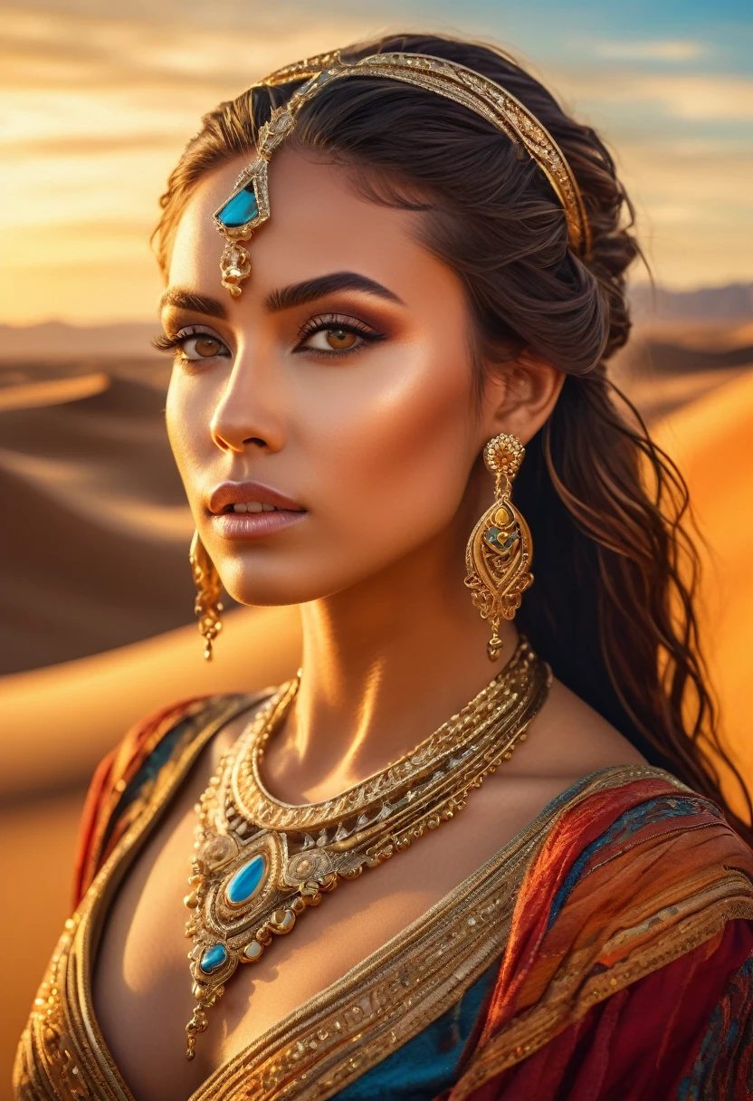 high quality, masterpiece,8k, intricate detailed,a beautiful desert princess,  piercing eyes, flowing hair, elegant ornate jewelry, warm golden desert landscape, dramatic lighting, vibrant colors, cinematic composition, hyper realistic, 