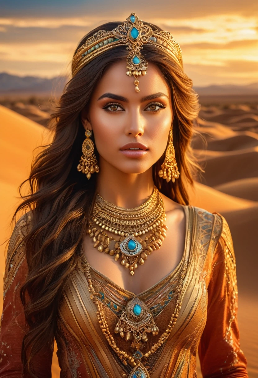 high quality, masterpiece,8k, intricate detailed,a beautiful desert princess, piercing eyes, flowing hair, elegant ornate jewelry, warm golden desert landscape, dramatic lighting, vibrant colors, cinematic composition, hyper realistic,