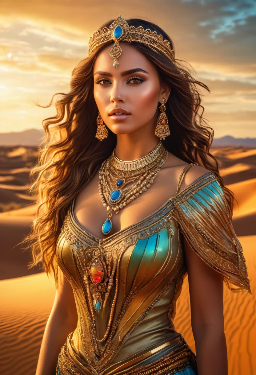 high quality, masterpiece,8k, intricate detailed,a beautiful desert princess,  piercing eyes, flowing hair, elegant ornate jewelry, warm golden desert landscape, dramatic lighting, vibrant colors, cinematic composition, hyper realistic, 