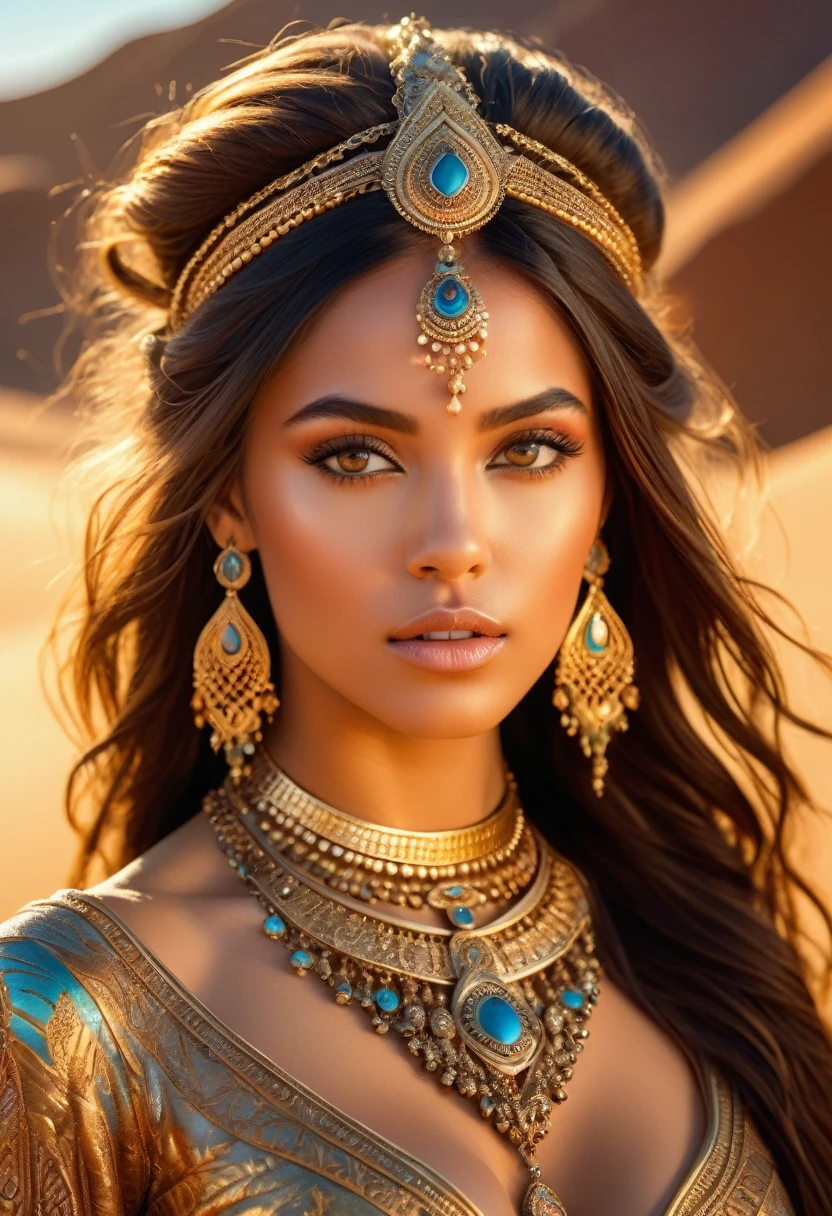 high quality, masterpiece,8k, intricate detailed,a beautiful desert princess, piercing eyes, flowing hair, elegant ornate jewelry, warm golden desert landscape, dramatic lighting, vibrant colors, cinematic composition, hyper realistic,