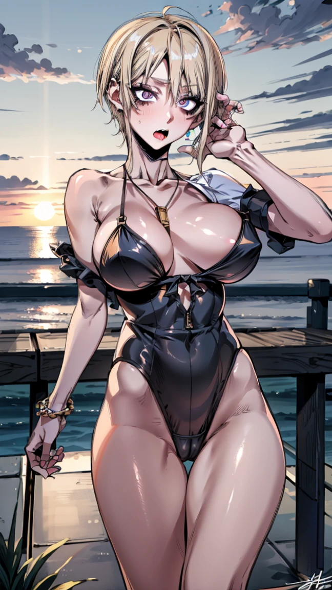 Realistic, Hyper Detail, Girls only, height: 176cm, Age 25, Dynamic Lighting, ((Bold and imaginative poses)), (Shiny skin: 1.5), Tabletop, Highest quality, Confused, audience, ((Blonde)), (Asymmetrical Short Hair,Braided Hairstyles), Beautiful deep purple Clear Eyes, Beautiful Eyes, Jewel-like eyes, Colorful eyes, Sparkling eyes:1.3)), thin, High resolution, Sharp focus, Written boundary depth, Eye on the details, Clear Eyes, (Realistic eyes)), Outdoor, Sunrise Sky, ((D cup upward breast, Big tight buttocks))