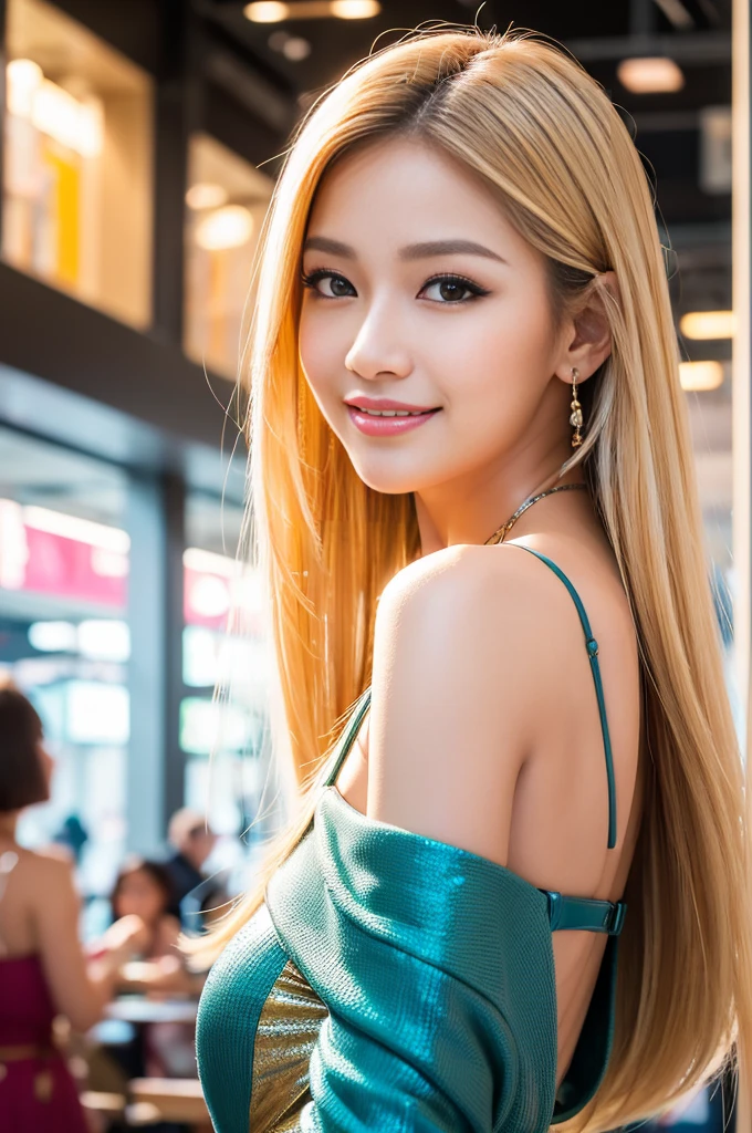 (masterpiece:1.4), (best quality:1.4), ultra high res, ultra high resolution, ((detailed facial features)), HDR, (realistic, photorealistic, photo-realistic:1.37), closeup, sexy seductive Thai woman, (seductive smile), long lashes, beautiful makeup, platinum blonde hair, fair skin, slender figure, elegant posture, wearing large sparkling colorful jewelry, wearing a business style leather dress, standing in a large shopping mall, gentle sunlight shining through the shopping mall windows, casting a soft glow on her face, adding warmth to the scene, vibrant colors, capturing the essence of vibrant city life, portrait style, showcasing her natural beauty and grace in a feminine way