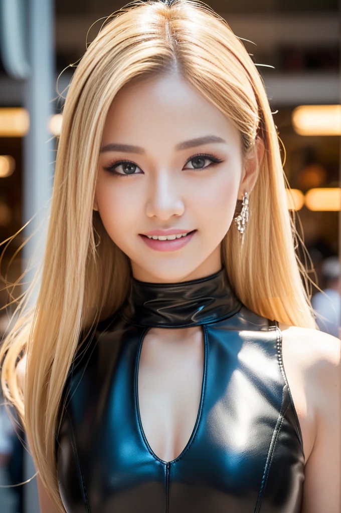 (masterpiece:1.4), (best quality:1.4), ultra high res, ultra high resolution, ((detailed facial features)), HDR, (realistic, photorealistic, photo-realistic:1.37), closeup, sexy seductive Thai woman, (seductive smile), long lashes, beautiful makeup, platinum blonde hair, fair skin, slender figure, elegant posture, wearing large sparkling colorful jewelry, wearing a business style leather dress, standing in a large shopping mall, gentle sunlight shining through the shopping mall windows, casting a soft glow on her face, adding warmth to the scene, vibrant colors, capturing the essence of vibrant city life, portrait style, showcasing her natural beauty and grace in a feminine way